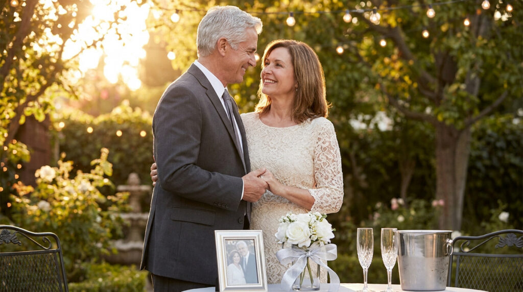 Un couple mature et élégant se regarde amoureusement dans un jardin ensoleillé pour leur anniversaire de mariage.
