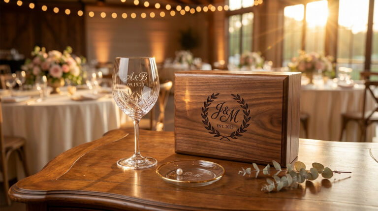 Un verre en cristal gravé et une boîte en bois personnalisée posés sur une table dans une salle de réception de mariage.