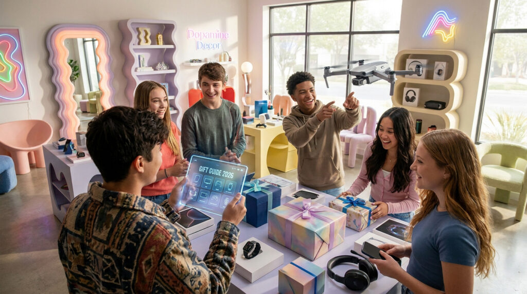 Groupe d'adolescents souriants dans un magasin moderne interagissant avec un écran holographique de guide cadeaux.