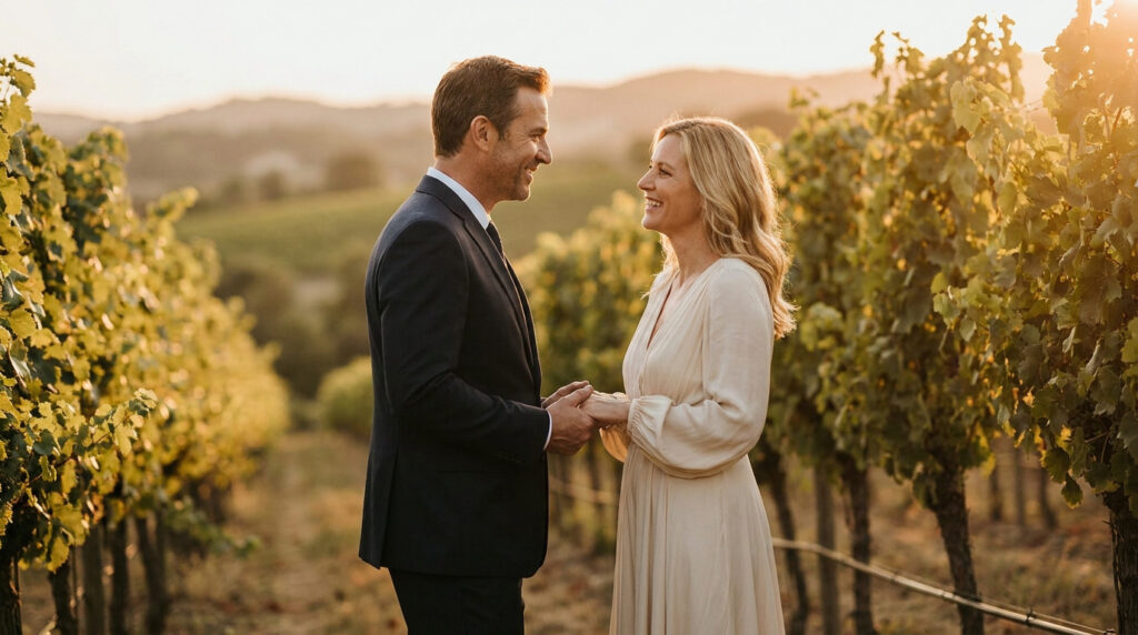 Un homme en costume et une femme en robe blanche se tiennent la main et se regardent tendrement dans une vigne.