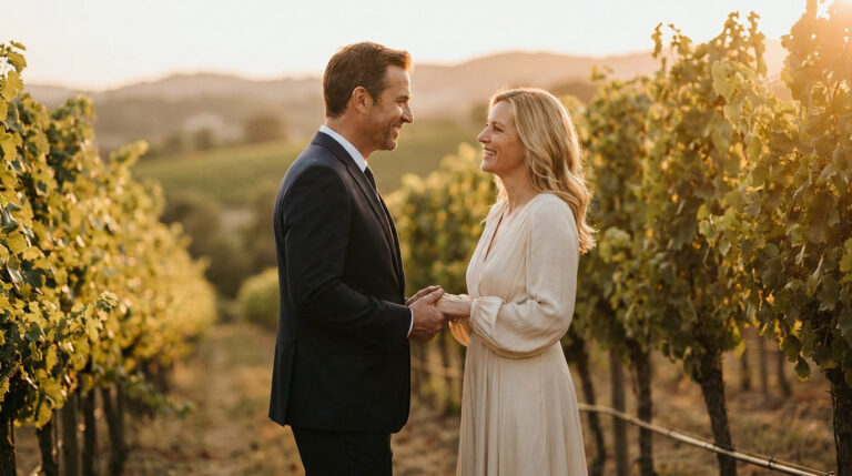 Un homme en costume et une femme en robe blanche se tiennent la main et se regardent tendrement dans une vigne.