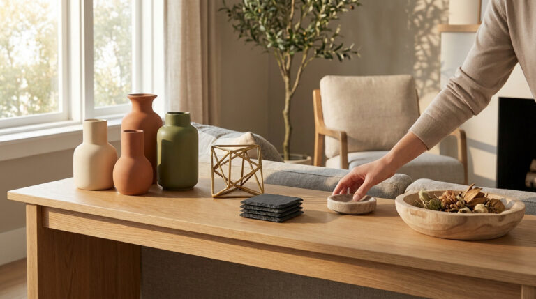 Mains déposant un petit objet décoratif sur une console en bois naturel dans un salon lumineux.