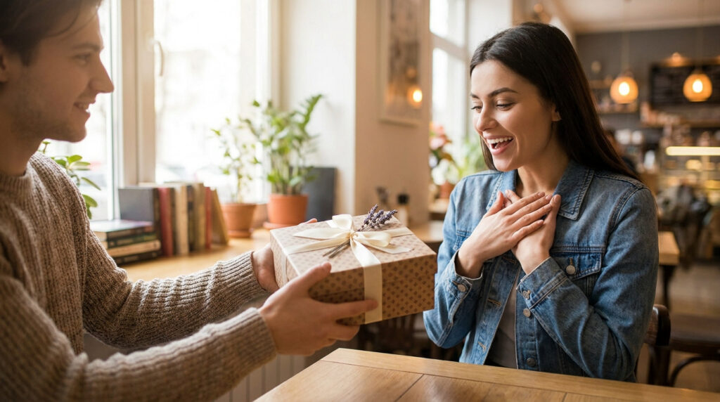 Un homme offre un cadeau emballé avec un ruban à une femme ravie dans un café chaleureux.