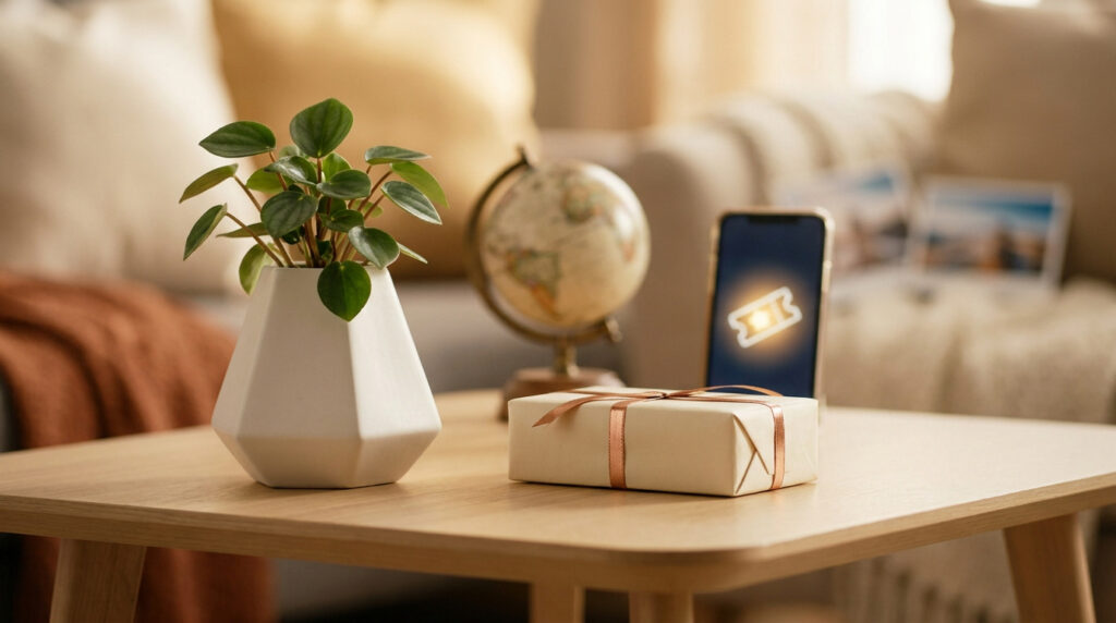Une table avec une plante en pot, un globe terrestre, un smartphone affichant un ticket et un cadeau emballé.
