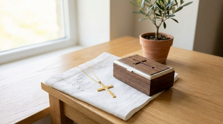 Une croix dorée et un coffret en bois posés sur une nappe blanche brodée près d'une fenêtre et d'une petite plante.