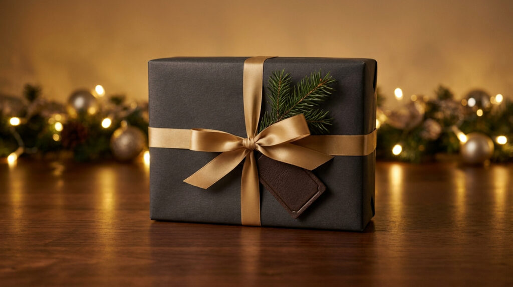 Un cadeau emballé dans du papier noir mat avec un ruban doré et une branche de sapin sur une table en bois.