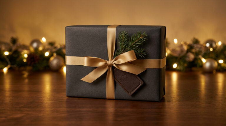 Un cadeau emballé dans du papier noir mat avec un ruban doré et une branche de sapin sur une table en bois.