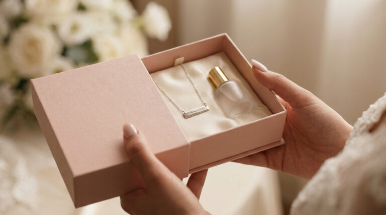 Mains tenant une boîte cadeau rose poudré contenant un collier argenté et un flacon de parfum pour une témoin de mariage.