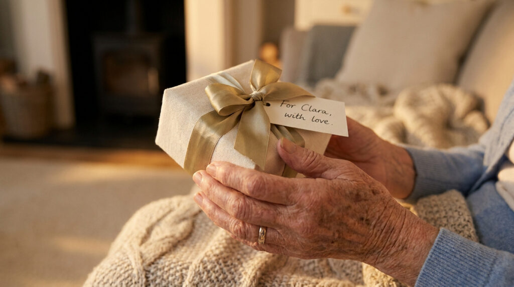 Mains d'une personne âgée tenant un cadeau emballé dans du papier beige avec un ruban doré et une étiquette manuscrite.