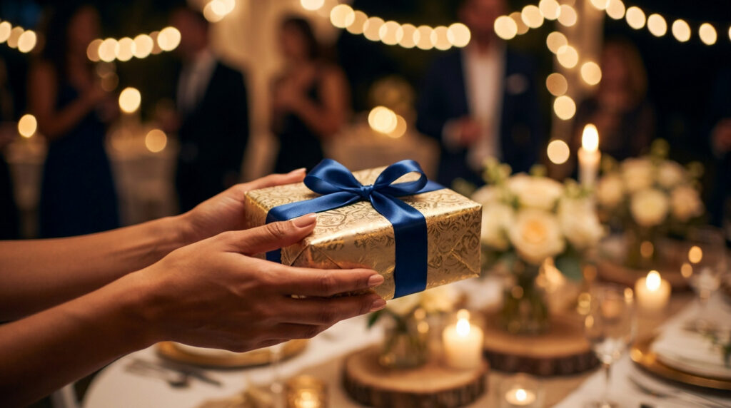 Mains offrant un cadeau doré avec un ruban bleu lors d'une fête élégante en soirée avec des lumières en arrière-plan.