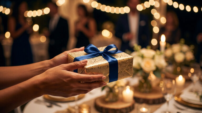 Mains offrant un cadeau doré avec un ruban bleu lors d'une fête élégante en soirée avec des lumières en arrière-plan.