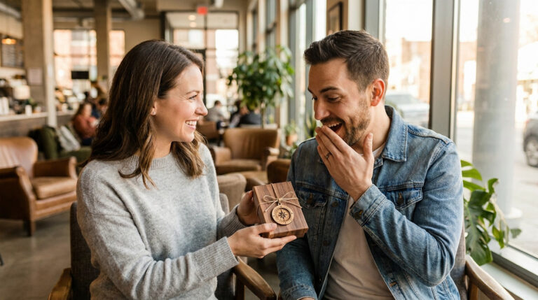 Une femme souriante offre une petite boîte en bois avec une boussole décorative à un homme surpris dans un café.