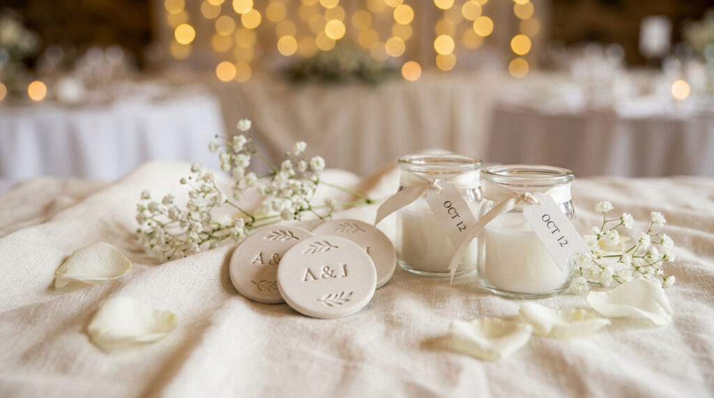 Bougies personnalisées et médaillons en argile pour invités de mariage sur une table décorée avec du gypsophile.