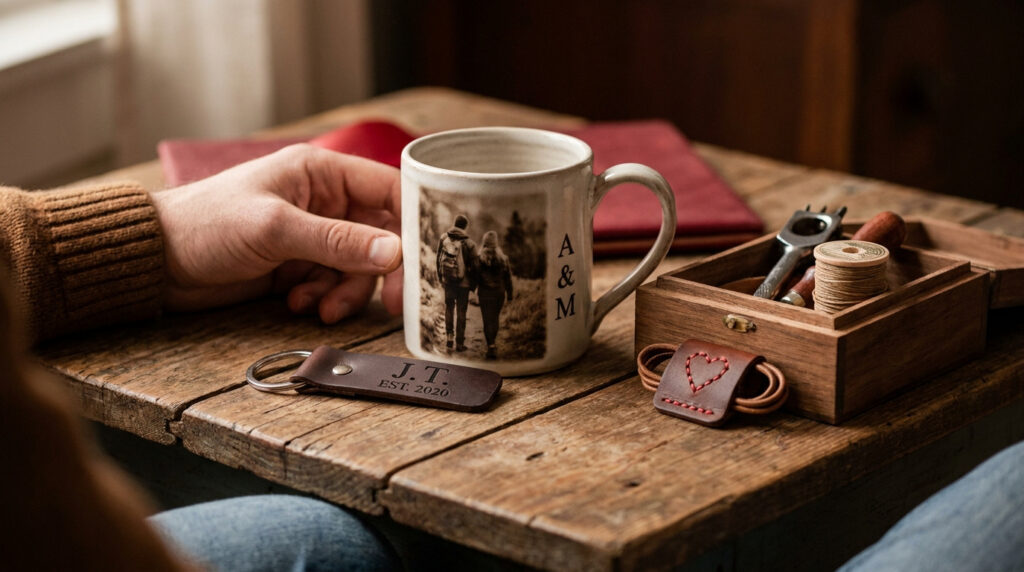 Mug personnalisé, porte-clés en cuir et boîte en bois posés sur une table en bois rustique pour la Saint-Valentin.