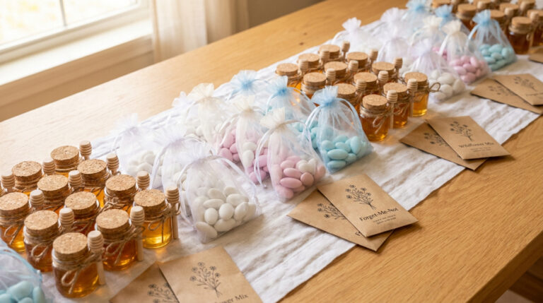 Petits pots de miel et sachets de dragées pastel disposés sur une table pour un baptême.