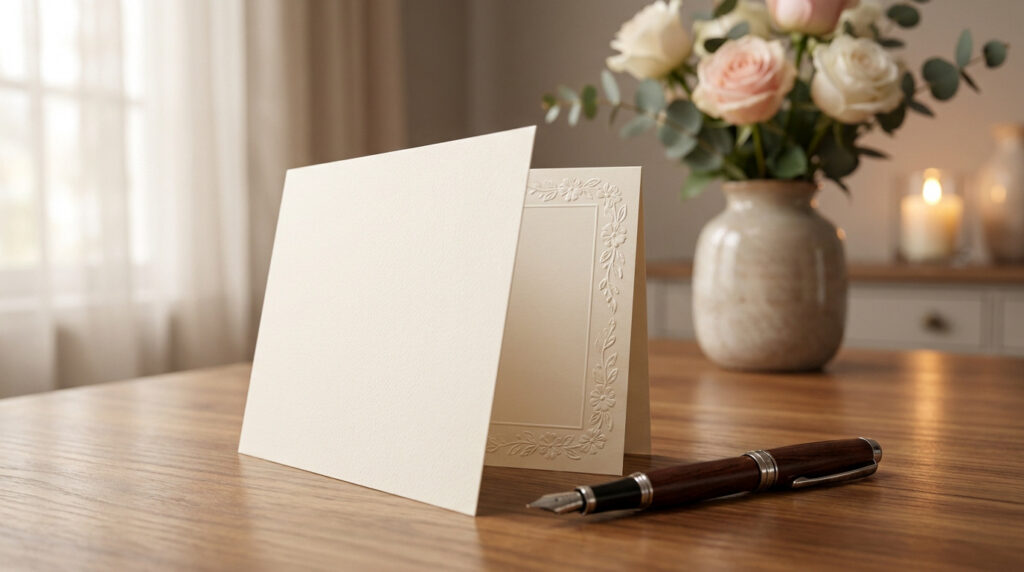Une carte de remerciement vierge posée sur une table en bois avec un stylo plume et un bouquet de roses en arrière-plan.