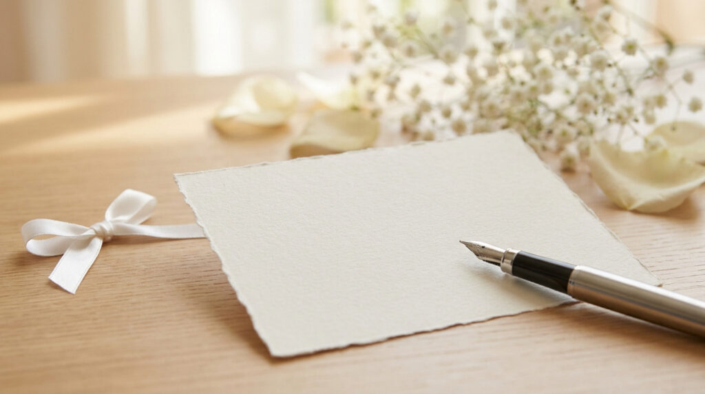 Carte de vœux vierge avec plume, ruban blanc et fleurs sur une table en bois clair.
