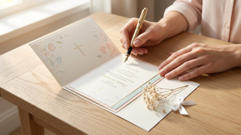 Mains écrivant sur une carte de baptême délicate avec une croix et des motifs floraux sur une table en bois.