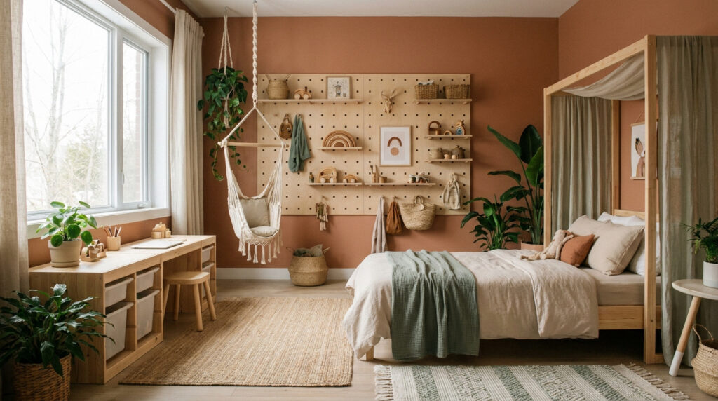 Chambre enfant bohème avec murs terracotta, lit à baldaquin en bois et balancelle en macramé près d'une fenêtre.