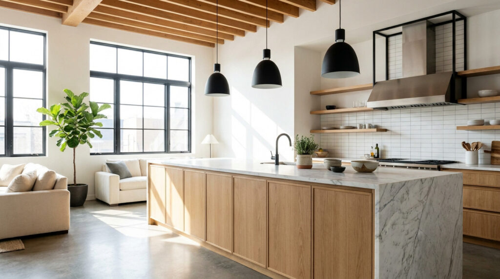 Cuisine ouverte moderne avec îlot central en bois, comptoir en marbre et grandes fenêtres lumineuses.
