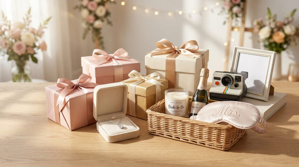 Coffret cadeau pour future mariée avec bijoux, champagne, bougie et accessoires sur une table en bois.