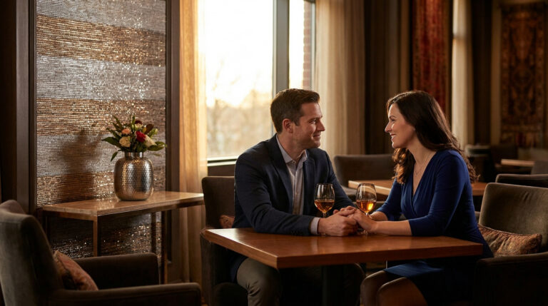 Un couple s'enlace les mains lors d'un dîner romantique dans un cadre élégant pour célébrer 10 ans de mariage.