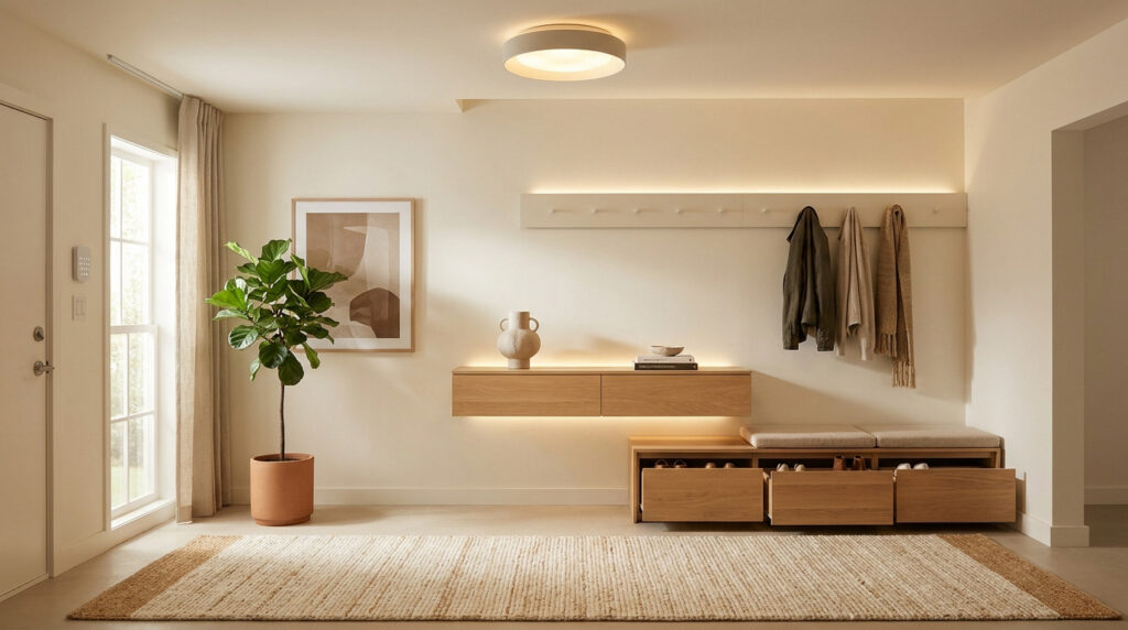 Entrée lumineuse avec meuble en bois, patères, banc de rangement et tapis en jute dans une ambiance épurée.