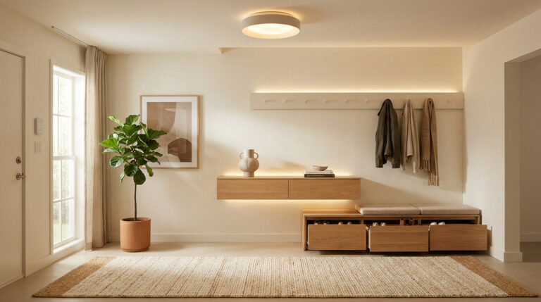 Entrée lumineuse avec meuble en bois, patères, banc de rangement et tapis en jute dans une ambiance épurée.