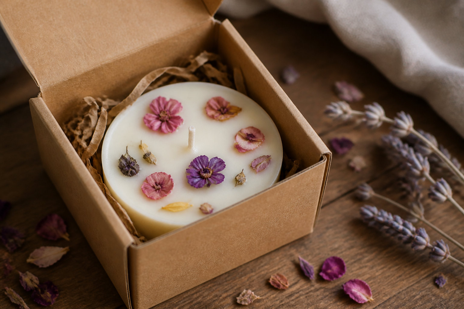 Les bougies fleuries en boîte kraft pour une ambiance bohème