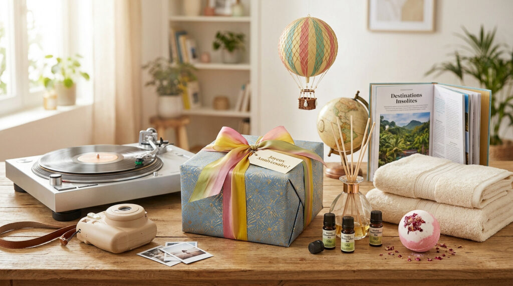 Un paquet cadeau avec un nœud coloré posé sur une table en bois entouré d'objets variés comme un tourne-disque et un appareil photo.