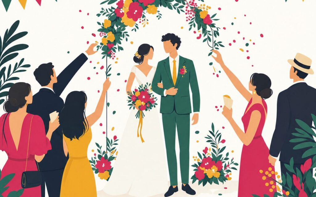 Illustration d'un couple de mariés sous une arche fleurie avec confettis