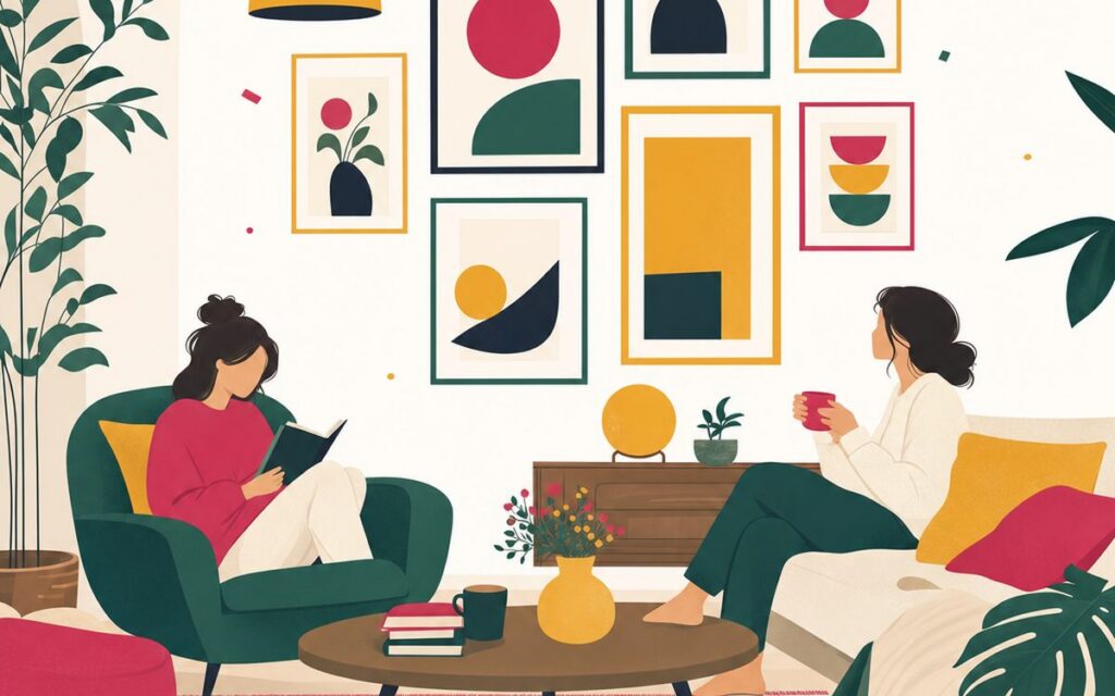 Illustration d'un salon chaleureux avec mur de cadres et plantes