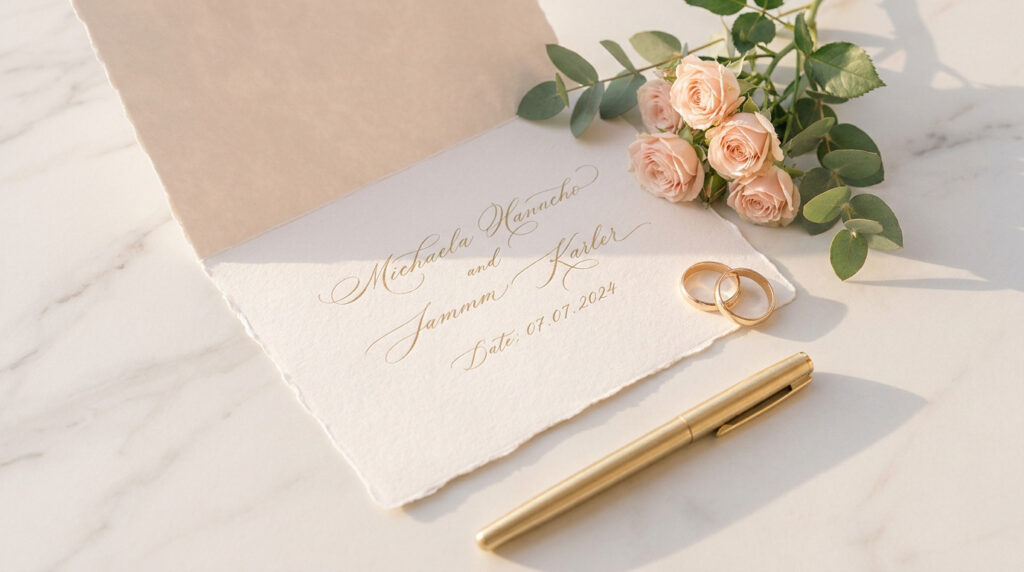 Un faire-part de mariage élégant avec calligraphie, des roses poudrées, deux alliances et un stylo doré sur fond de marbre.