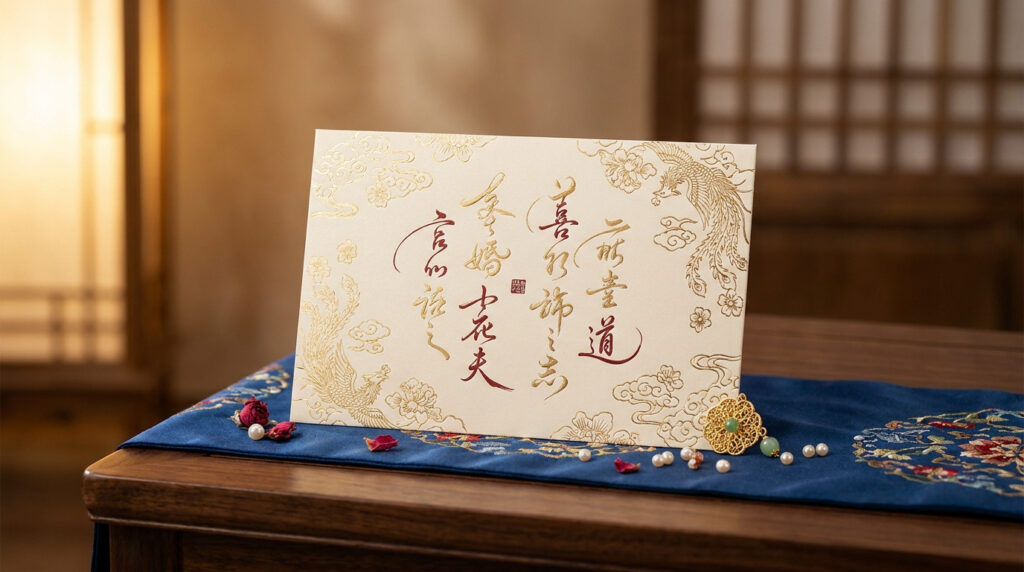 Carte de mariage ornée de motifs dorés de phénix sur une table en bois avec un chemin de table bleu.