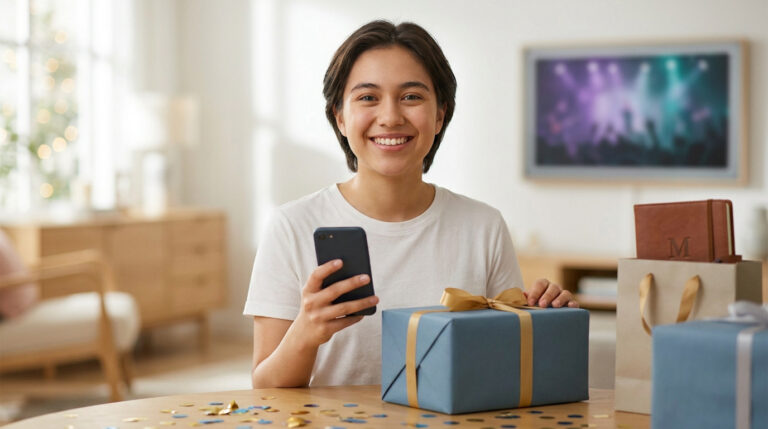 Jeune personne souriante tenant un smartphone devant des cadeaux d'anniversaire dans un salon lumineux.