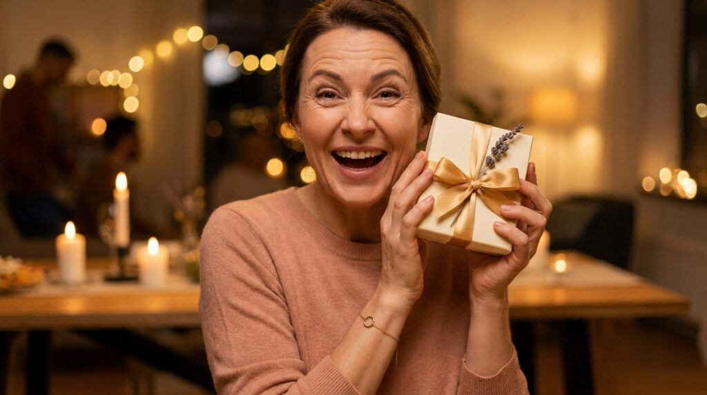 Femme souriante tenant un joli cadeau emballé lors d'une soirée chaleureuse.