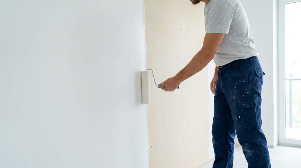 Un peintre en tenue de travail applique de la peinture blanche sur un mur avec un rouleau.