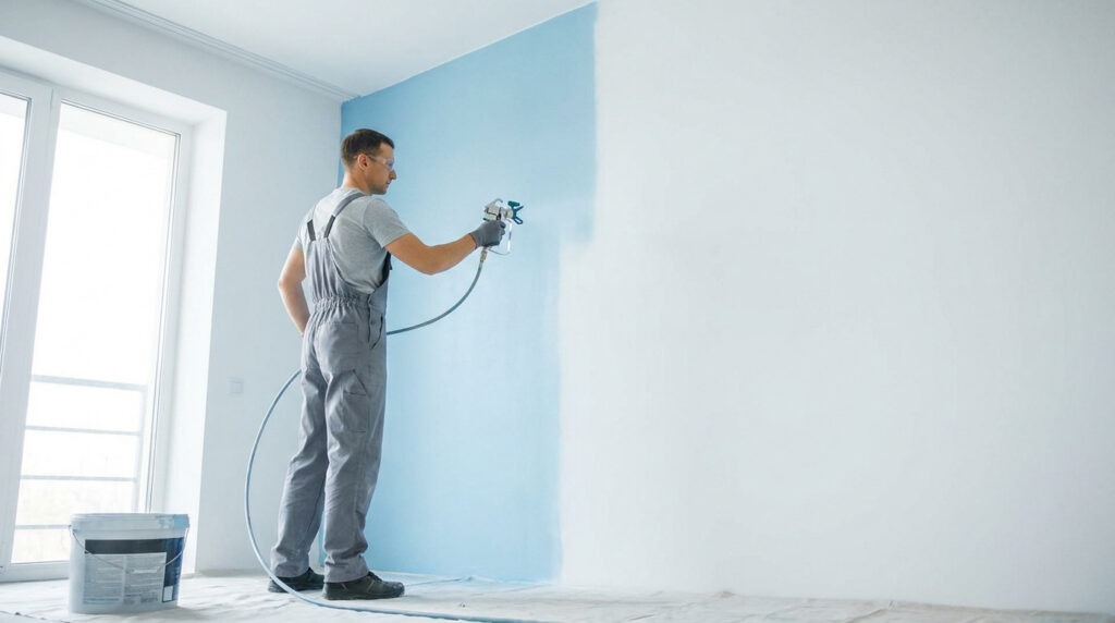 Un artisan en tenue de travail utilise un pistolet à peinture airless pour peindre un mur en bleu dans une pièce claire.