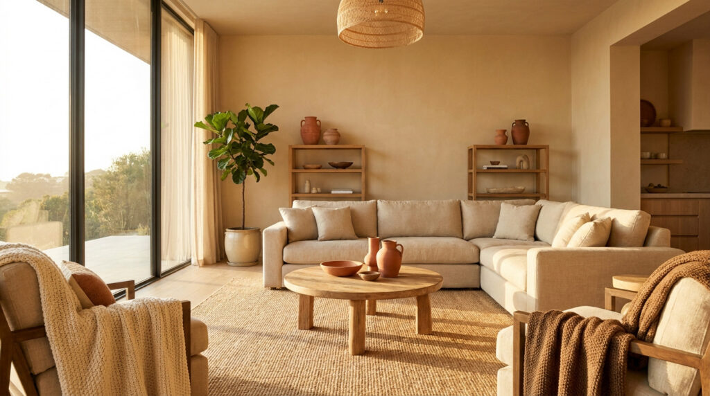 Salon moderne avec canapé beige, tapis en jute et décoration artisanale sous une lumière naturelle douce.
