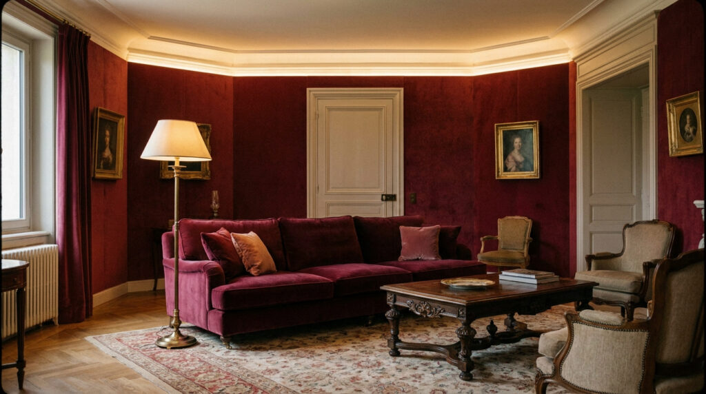 Salon luxueux avec des murs recouverts de velours rouge pourpre, un canapé assorti et des meubles classiques en bois.