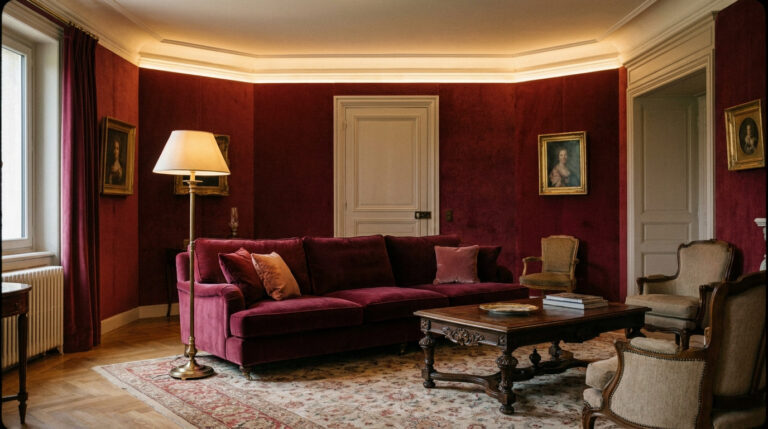 Salon luxueux avec des murs recouverts de velours rouge pourpre, un canapé assorti et des meubles classiques en bois.