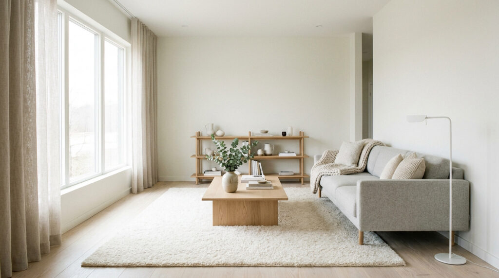 Salon scandinave lumineux avec canapé gris, tapis texturé et étagères en bois clair.