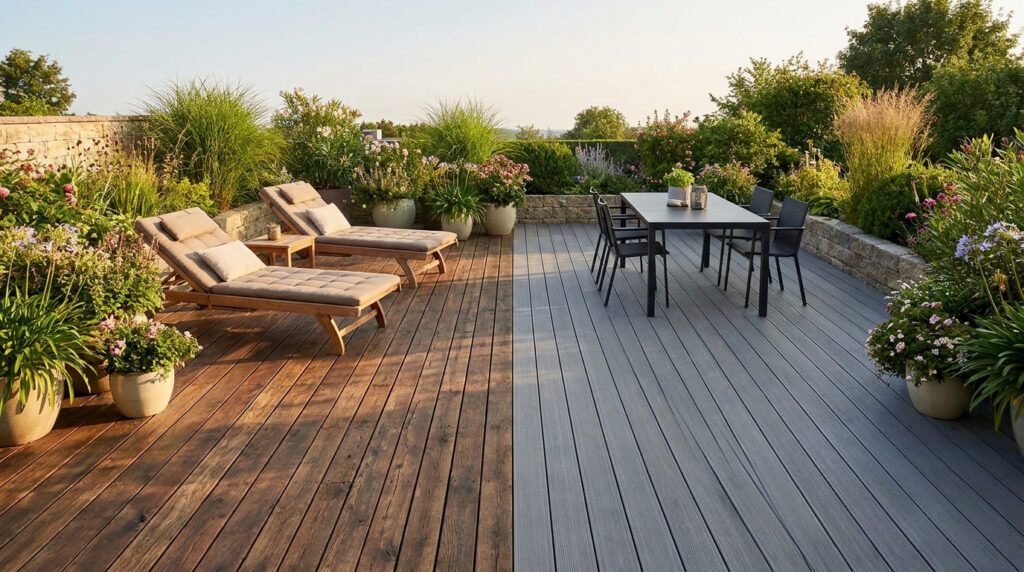 Comparatif visuel d'une terrasse divisée en deux parties : bois naturel à gauche et bois composite gris à droite.