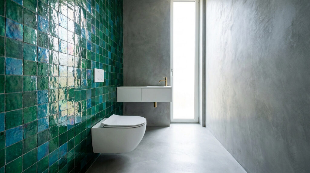 Toilettes modernes avec un mur en carreaux zellige vert émeraude brillant et des murs en béton ciré gris.